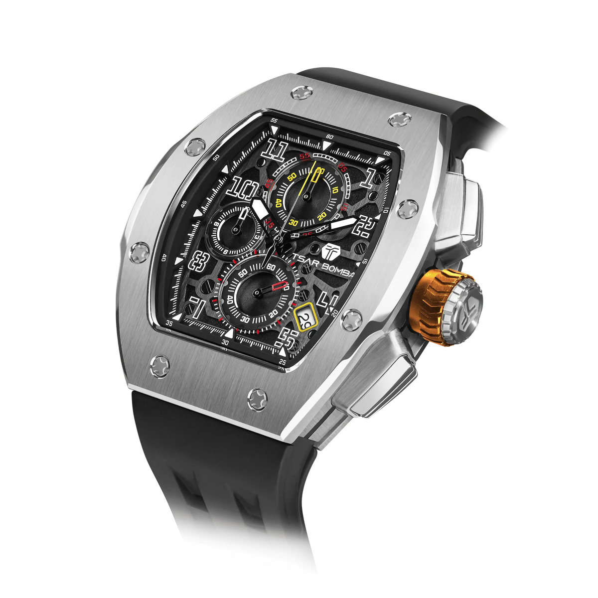The TSAR BOMBA Atomic TB8214 interchangebale tonneau quartz watch. stainless-steel-silver-bezel-and-black-interchangeable strap. The Multifunction dial design, the multifunction dial features a chronograph minute sub-dial at the 12 o'clock position, a date display between the 4 and 5 o'clock positions, a seconds sub-dial at the 6 o'clock position, and an hour chronograph sub-dial at the 9 o'clock position. --Left three-quarter-angled-view