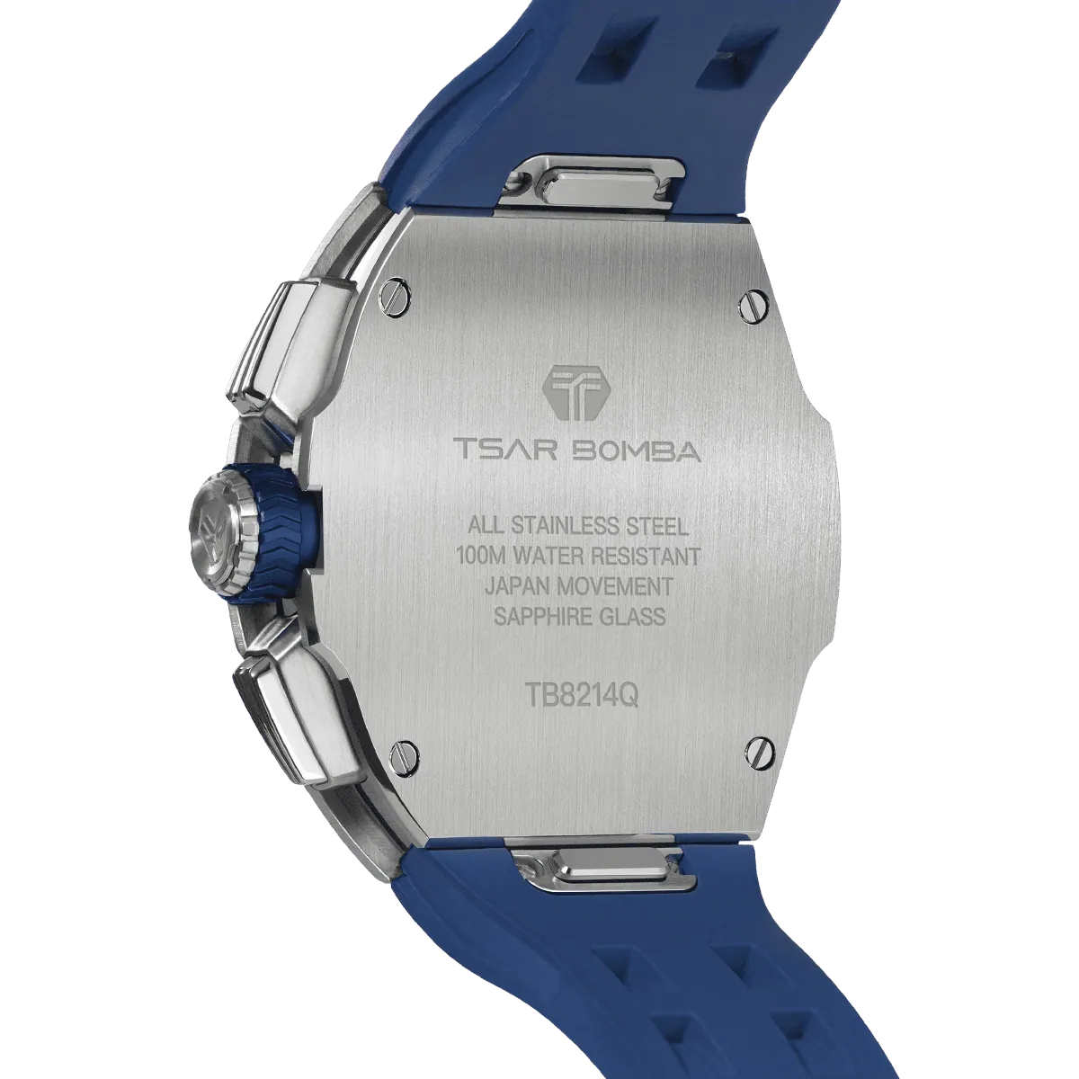 The TSAR BOMBA Atomic TB8214Q interchangebale tonneau quartz watch. stainless-steel-silver-bezel-and-blue-interchangeable strap. The Multifunction dial design, the multifunction dial features a chronograph minute sub-dial at the 12 o'clock position, a date display between the 4 and 5 o'clock positions, a seconds sub-dial at the 6 o'clock position, and an hour chronograph sub-dial at the 9 o'clock position. --Rear-view