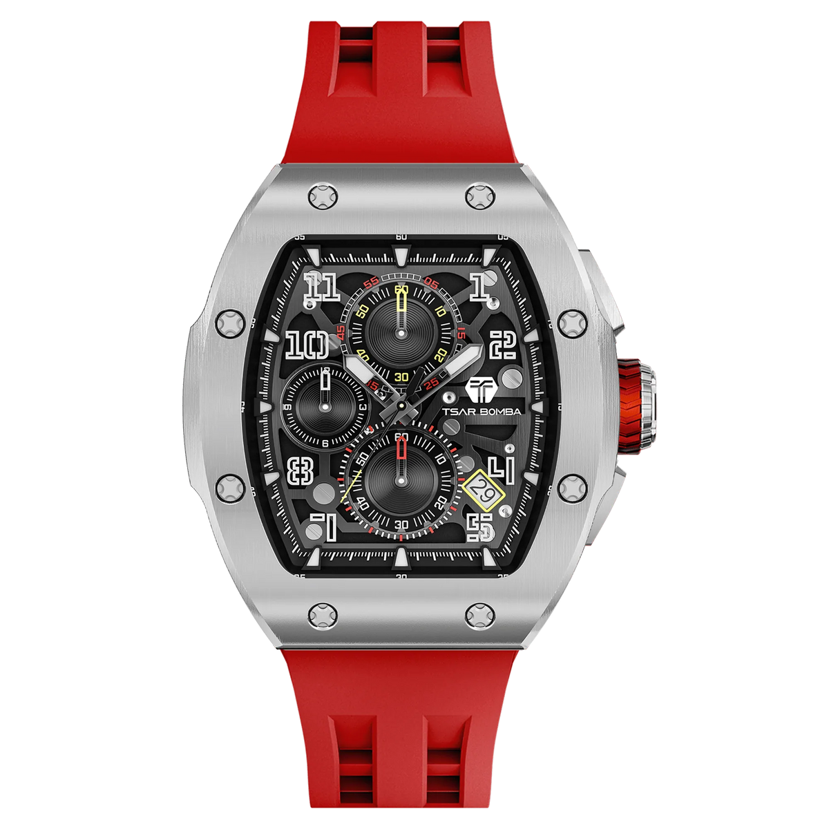 The TSAR BOMBA Atomic TB8214Q interchangebale tonneau quartz watch. stainless-steel-silver-bezel-and-red-interchangeable strap. The Multifunction dial design, the multifunction dial features a chronograph minute sub-dial at the 12 o'clock position, a date display between the 4 and 5 o'clock positions, a seconds sub-dial at the 6 o'clock position, and an hour chronograph sub-dial at the 9 o'clock position. --Front-view