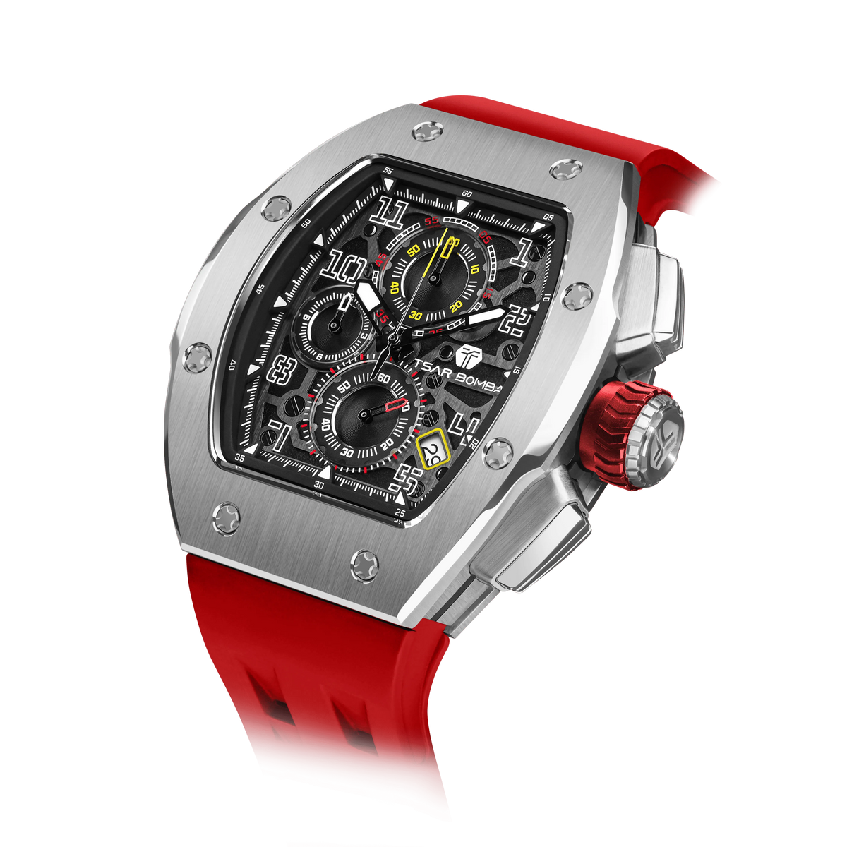 The TSAR BOMBA Atomic TB8214Q interchangebale tonneau quartz watch. stainless-steel-silver-bezel-and-red-interchangeable strap. The Multifunction dial design, the multifunction dial features a chronograph minute sub-dial at the 12 o'clock position, a date display between the 4 and 5 o'clock positions, a seconds sub-dial at the 6 o'clock position, and an hour chronograph sub-dial at the 9 o'clock position. --Left three-quarter-angled-view