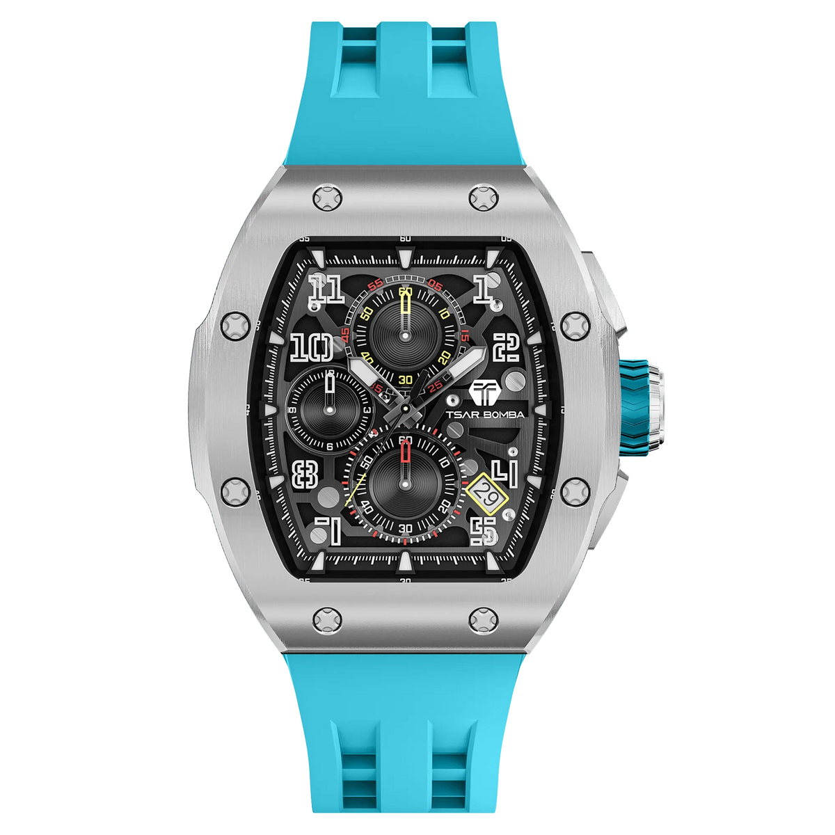 The TSAR BOMBA Atomic TB8214Q interchangebale tonneau quartz watch. stainless-steel-silver-bezel-and-Light-Blue-interchangeable strap. The Multifunction dial design, the multifunction dial features a chronograph minute sub-dial at the 12 o'clock position, a date display between the 4 and 5 o'clock positions, a seconds sub-dial at the 6 o'clock position, and an hour chronograph sub-dial at the 9 o'clock position. --Front-view
