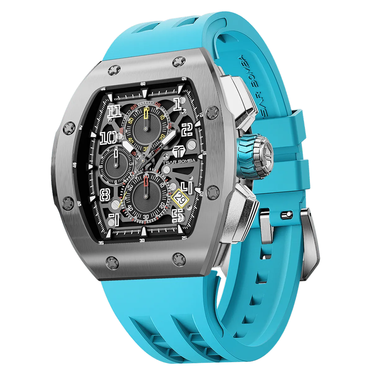 The TSAR BOMBA Atomic TB8214Q interchangebale tonneau quartz watch. stainless-steel-silver-bezel-and-Light-Blue-interchangeable strap. The Multifunction dial design, the multifunction dial features a chronograph minute sub-dial at the 12 o'clock position, a date display between the 4 and 5 o'clock positions, a seconds sub-dial at the 6 o'clock position, and an hour chronograph sub-dial at the 9 o'clock position. --FLeft three-quarter-view