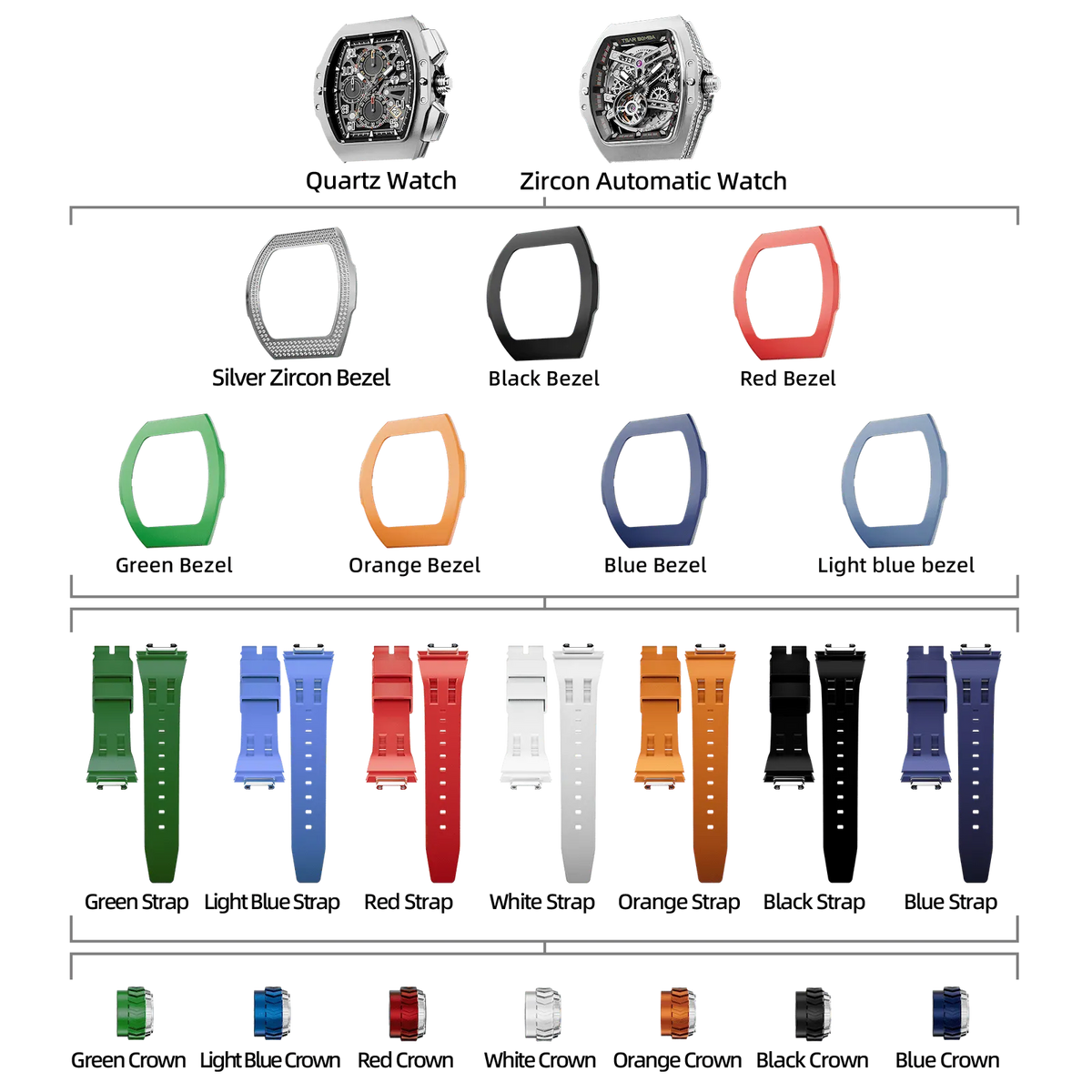TSAR-BOMBA-Atomic-TB8218D-zirconia-diamond-set_7-in-2. Set includes 1 automatic watch core and 1 quartz watch core and 1 zirconia diamond bezel and 6 fluororubber bezel and 7 fluororubber strap and 7crown. Utilizes TSAR BOMBA’s patented technology for interchangeable straps, bezels, and crowns. Quickly swap modules without tools—since your watch can change its style, why buy another one?