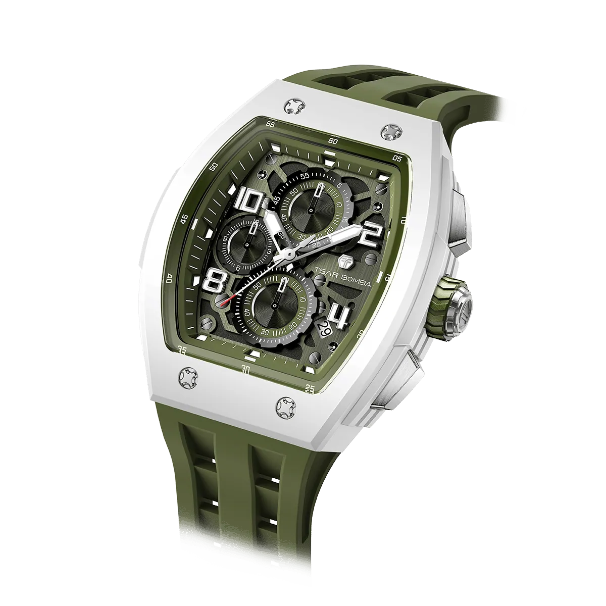 The TSAR BOMBA Elemental TB8224B ceramic tonneau quartz watch. Bio-cecramic white bezel and Olive Green strap. The Multifunction dial design, the multifunction dial features a chronograph minute sub-dial at the 12 o'clock position, a date display between the 4 and 5 o'clock positions, a seconds sub-dial at the 6 o'clock position, and an hour chronograph sub-dial at the 9 o'clock position. --Left three-quarter-angled-view