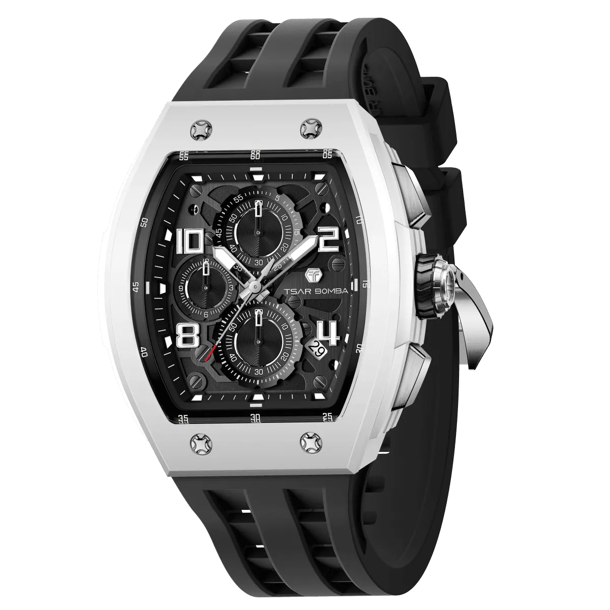 The TSAR BOMBA Elemental TB8224B ceramic tonneau quartz watch. Bio-cecramic white bezel and black strap. The Multifunction dial design, the multifunction dial features a chronograph minute sub-dial at the 12 o'clock position, a date display between the 4 and 5 o'clock positions, a seconds sub-dial at the 6 o'clock position, and an hour chronograph sub-dial at the 9 o'clock position. --Left three-quarter-view