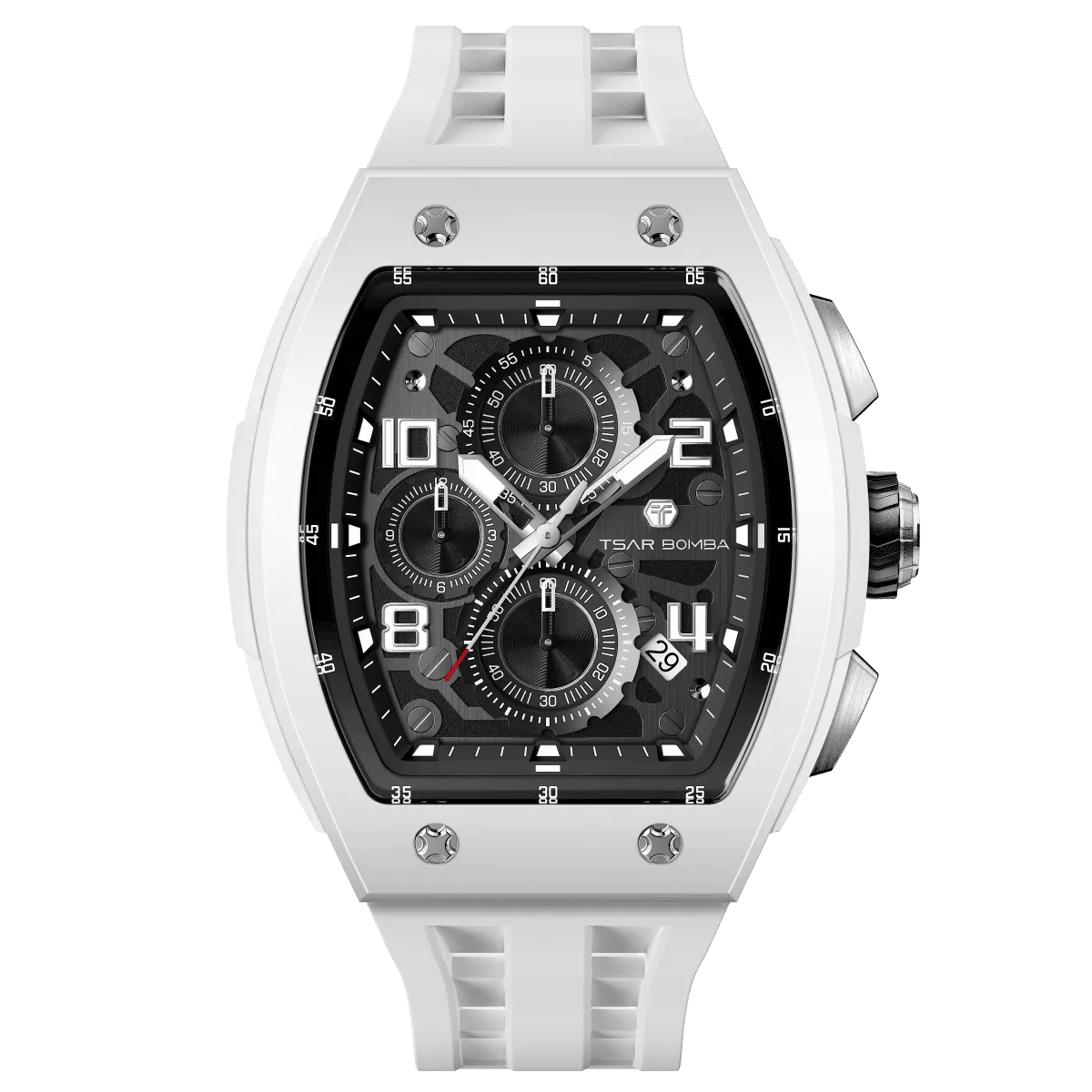 The TSAR BOMBA Elemental TB8224B ceramic tonneau quartz watch. Bio-cecramic white bezel and white strap. The Multifunction dial design, the multifunction dial features a chronograph minute sub-dial at the 12 o'clock position, a date display between the 4 and 5 o'clock positions, a seconds sub-dial at the 6 o'clock position, and an hour chronograph sub-dial at the 9 o'clock position. --Front-view