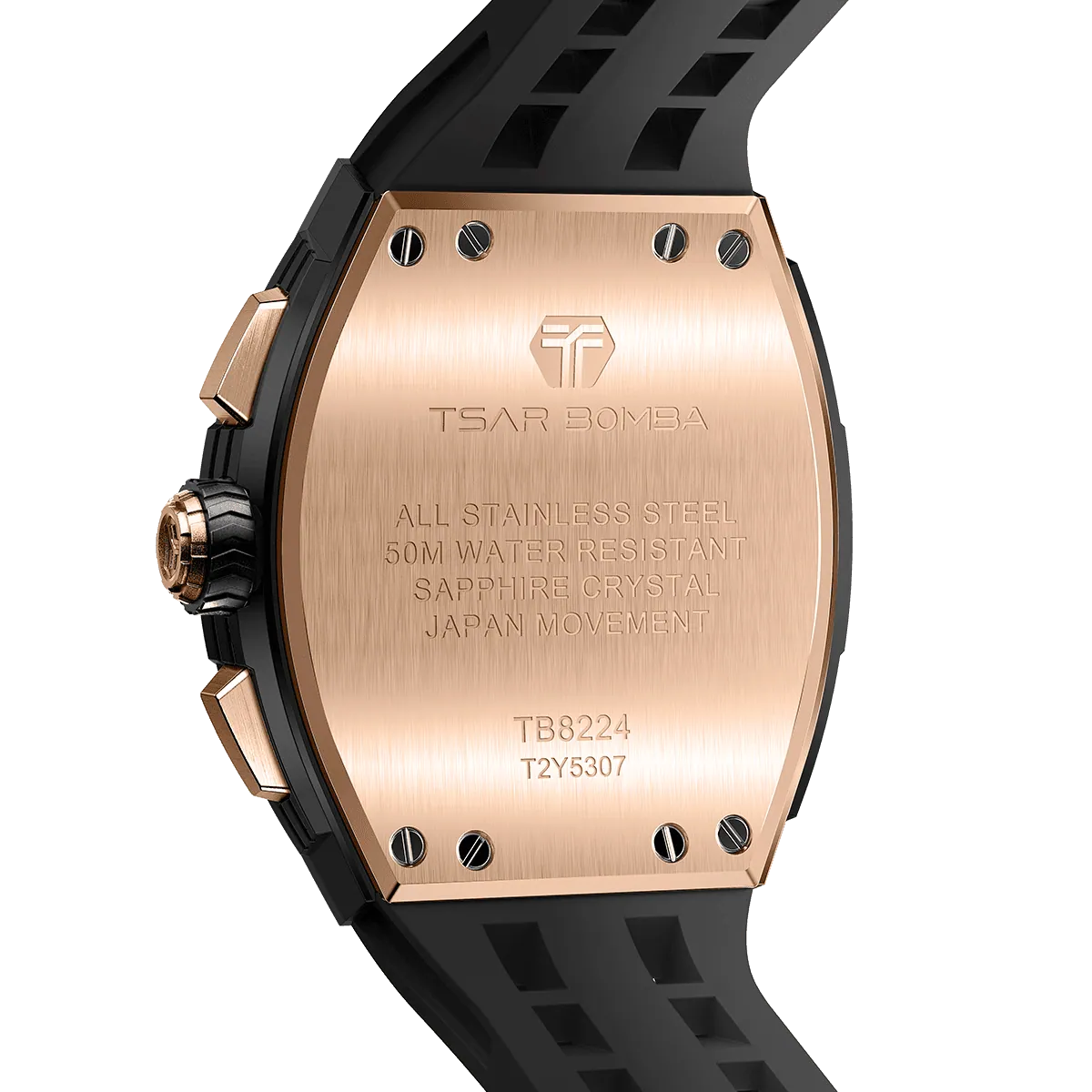 The TSAR BOMBA Elemental TB8224Q stainless steel tonneau quartz watch.Golden bezel and black strap. The Multifunction dial design, the multifunction dial features a chronograph minute sub-dial at the 12 o'clock position, a date display between the 4 and 5 o'clock positions, a seconds sub-dial at the 6 o'clock position, and an hour chronograph sub-dial at the 9 o'clock position. --Rear view