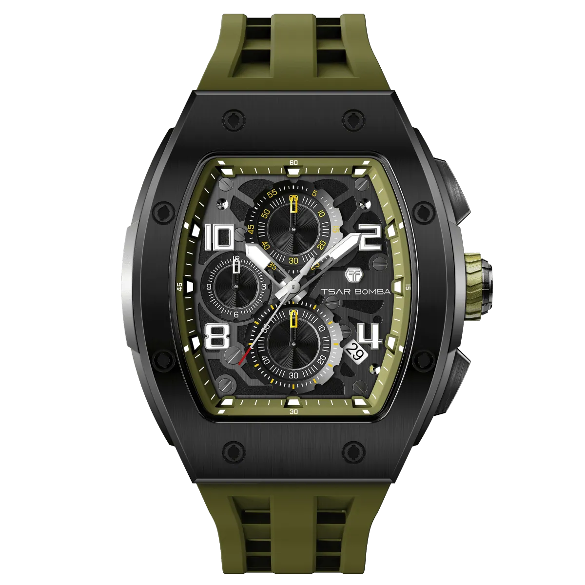 The TSAR BOMBA Elemental TB8224Q stainless steel tonneau quartz watch.silver bezel and Olive Green strap. The Multifunction dial design, the multifunction dial features a chronograph minute sub-dial at the 12 o'clock position, a date display between the 4 and 5 o'clock positions, a seconds sub-dial at the 6 o'clock position, and an hour chronograph sub-dial at the 9 o'clock position. --Front-view