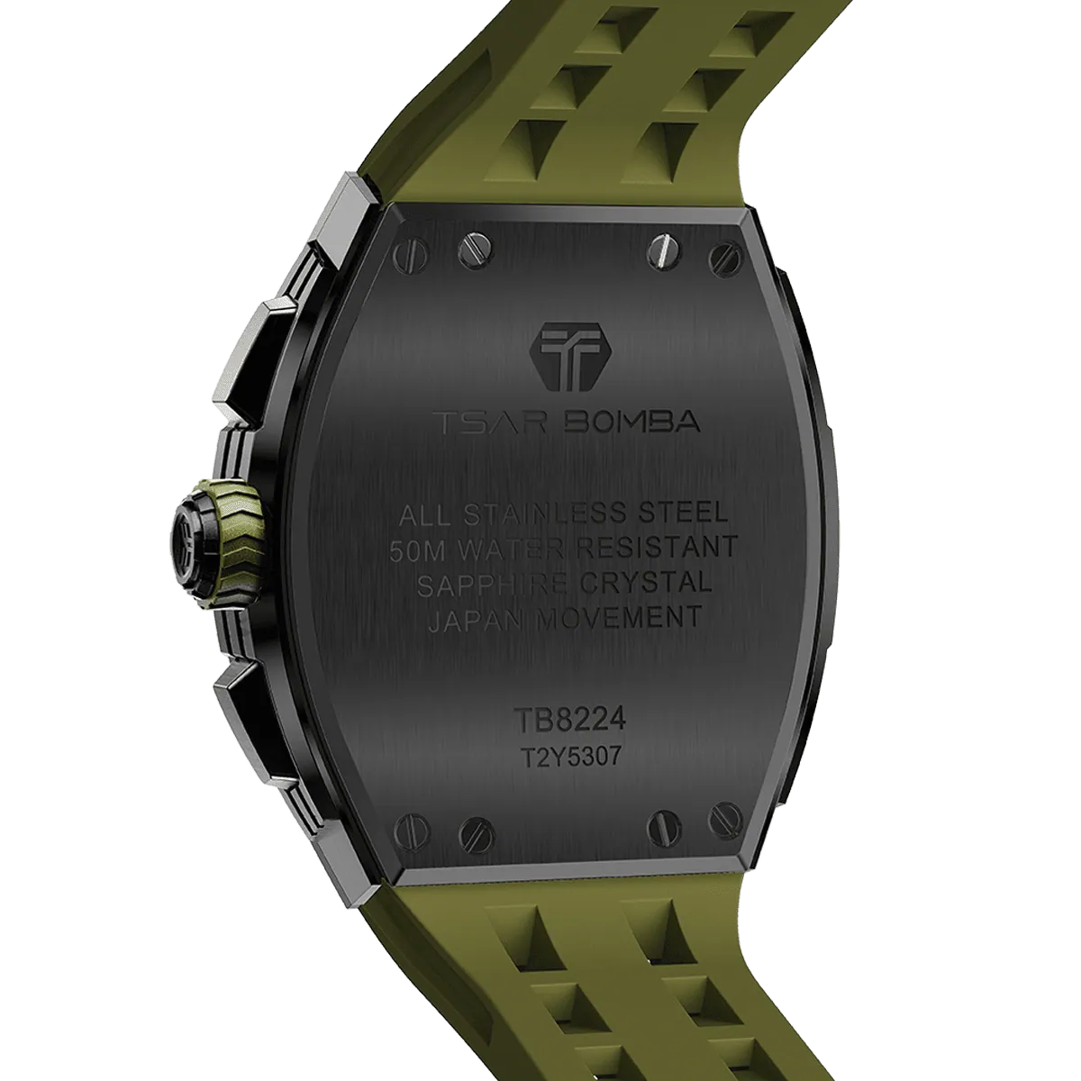 The TSAR BOMBA Elemental TB8224Q stainless steel tonneau quartz watch.silver bezel and Olive Green strap. The Multifunction dial design, the multifunction dial features a chronograph minute sub-dial at the 12 o'clock position, a date display between the 4 and 5 o'clock positions, a seconds sub-dial at the 6 o'clock position, and an hour chronograph sub-dial at the 9 o'clock position. --Rear-view