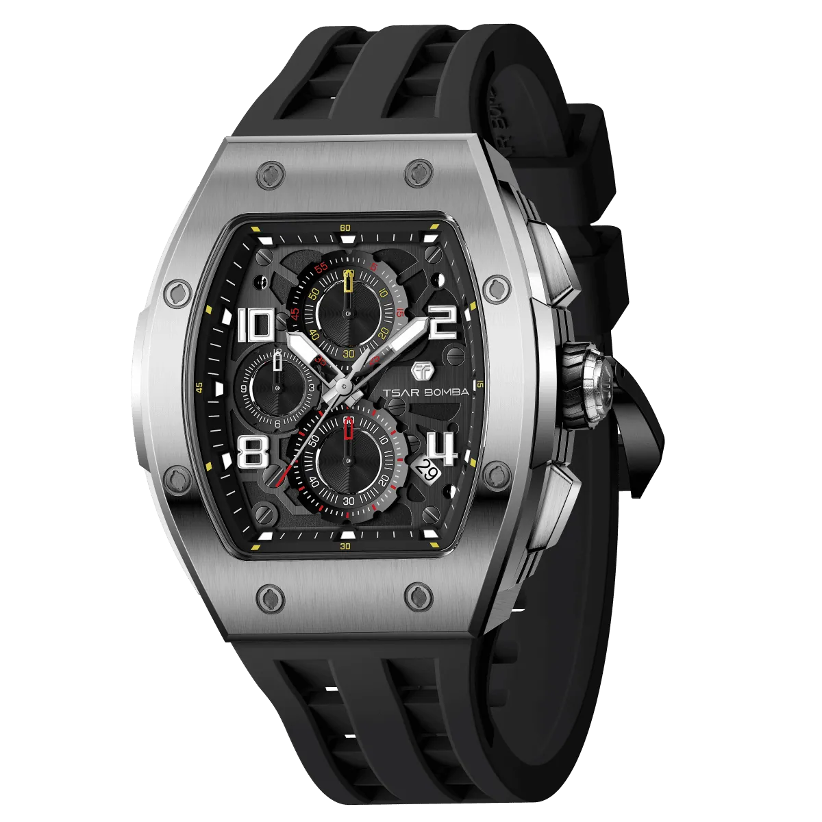 The TSAR BOMBA Elemental TB8224Q stainless steel tonneau quartz watch.silver bezel and black strap. The Multifunction dial design, the multifunction dial features a chronograph minute sub-dial at the 12 o'clock position, a date display between the 4 and 5 o'clock positions, a seconds sub-dial at the 6 o'clock position, and an hour chronograph sub-dial at the 9 o'clock position. --Left three-quarter view