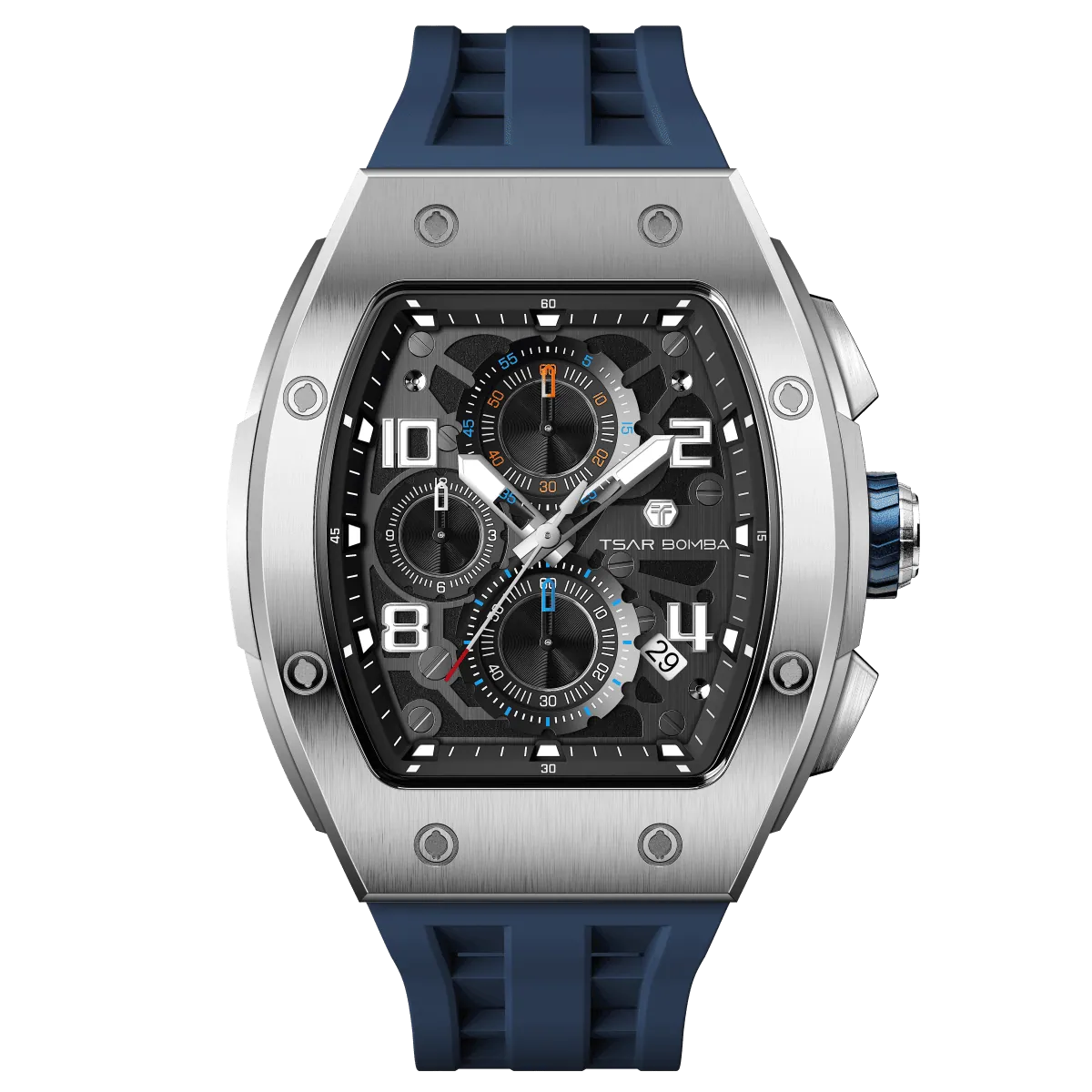 The TSAR BOMBA Elemental TB8224Q stainless steel tonneau quartz watch.silver bezel and blue strap. The Multifunction dial design, the multifunction dial features a chronograph minute sub-dial at the 12 o'clock position, a date display between the 4 and 5 o'clock positions, a seconds sub-dial at the 6 o'clock position, and an hour chronograph sub-dial at the 9 o'clock position. --Front view