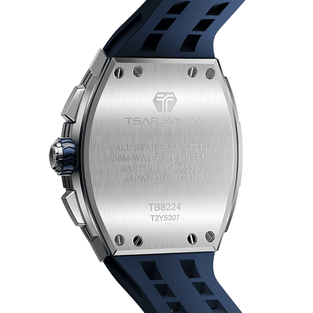 The TSAR BOMBA Elemental TB8224Q stainless steel tonneau quartz watch.silver bezel and blue strap. The Multifunction dial design, the multifunction dial features a chronograph minute sub-dial at the 12 o'clock position, a date display between the 4 and 5 o'clock positions, a seconds sub-dial at the 6 o'clock position, and an hour chronograph sub-dial at the 9 o'clock position. --Rear view
