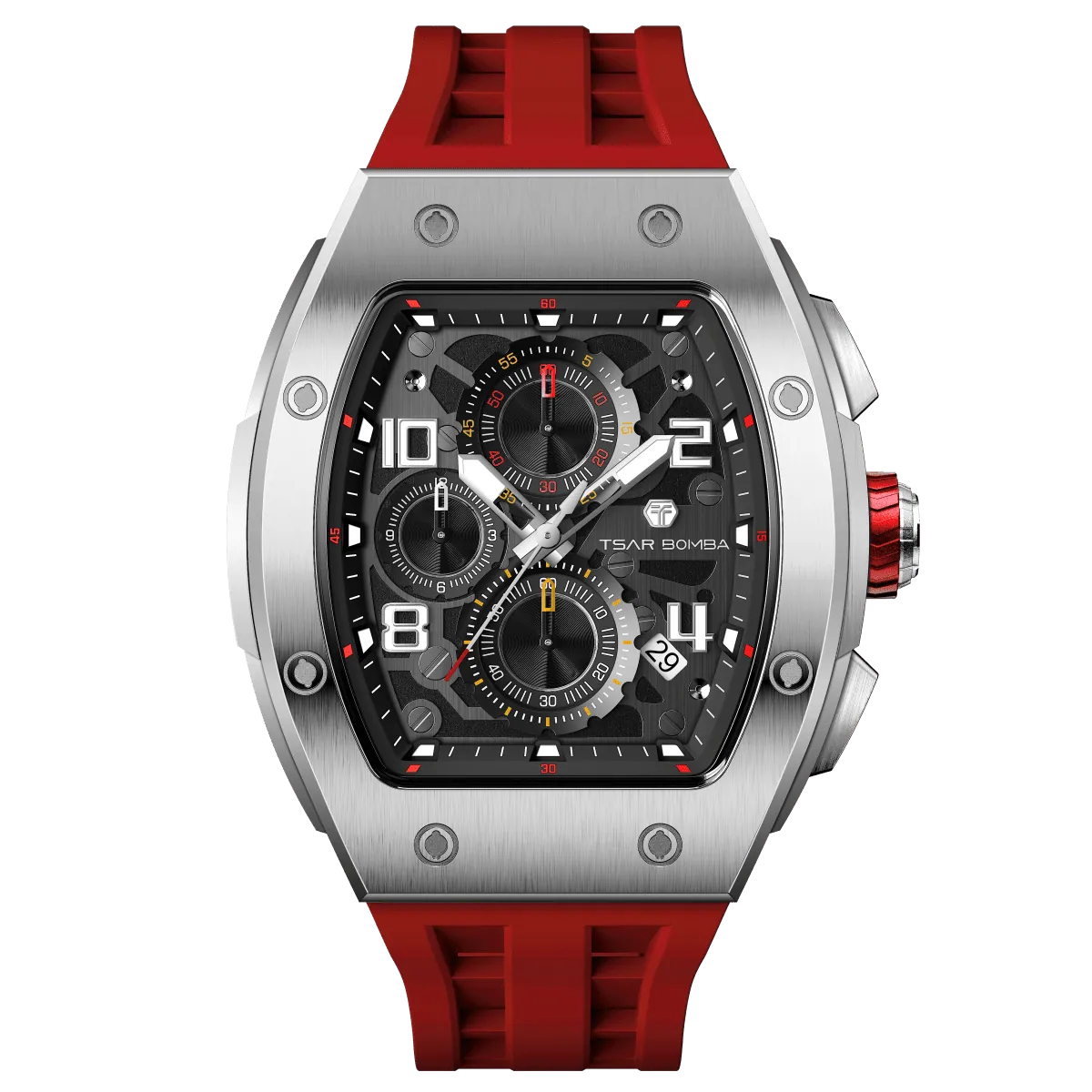 The TSAR BOMBA Elemental TB8224Q stainless steel tonneau quartz watch.silver bezel and red strap. The Multifunction dial design, the multifunction dial features a chronograph minute sub-dial at the 12 o'clock position, a date display between the 4 and 5 o'clock positions, a seconds sub-dial at the 6 o'clock position, and an hour chronograph sub-dial at the 9 o'clock position. --Front-view