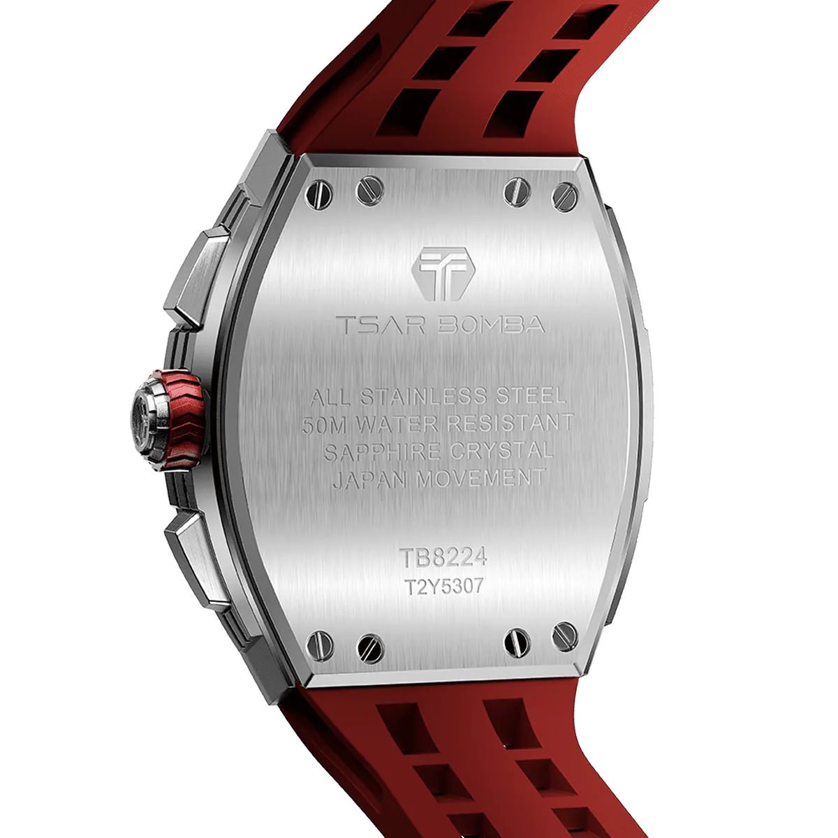 The TSAR BOMBA Elemental TB8224Q stainless steel tonneau quartz watch.silver bezel and red strap. The Multifunction dial design, the multifunction dial features a chronograph minute sub-dial at the 12 o'clock position, a date display between the 4 and 5 o'clock positions, a seconds sub-dial at the 6 o'clock position, and an hour chronograph sub-dial at the 9 o'clock position. --Rear-view