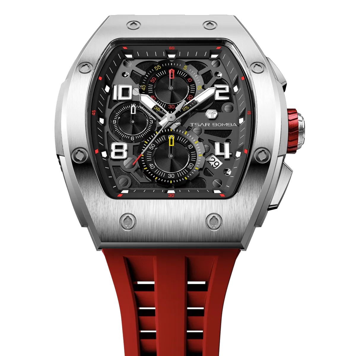 The TSAR BOMBA Elemental TB8224Q stainless steel tonneau quartz watch.silver bezel and red strap. The Multifunction dial design, the multifunction dial features a chronograph minute sub-dial at the 12 o'clock position, a date display between the 4 and 5 o'clock positions, a seconds sub-dial at the 6 o'clock position, and an hour chronograph sub-dial at the 9 o'clock position. --Top-down view