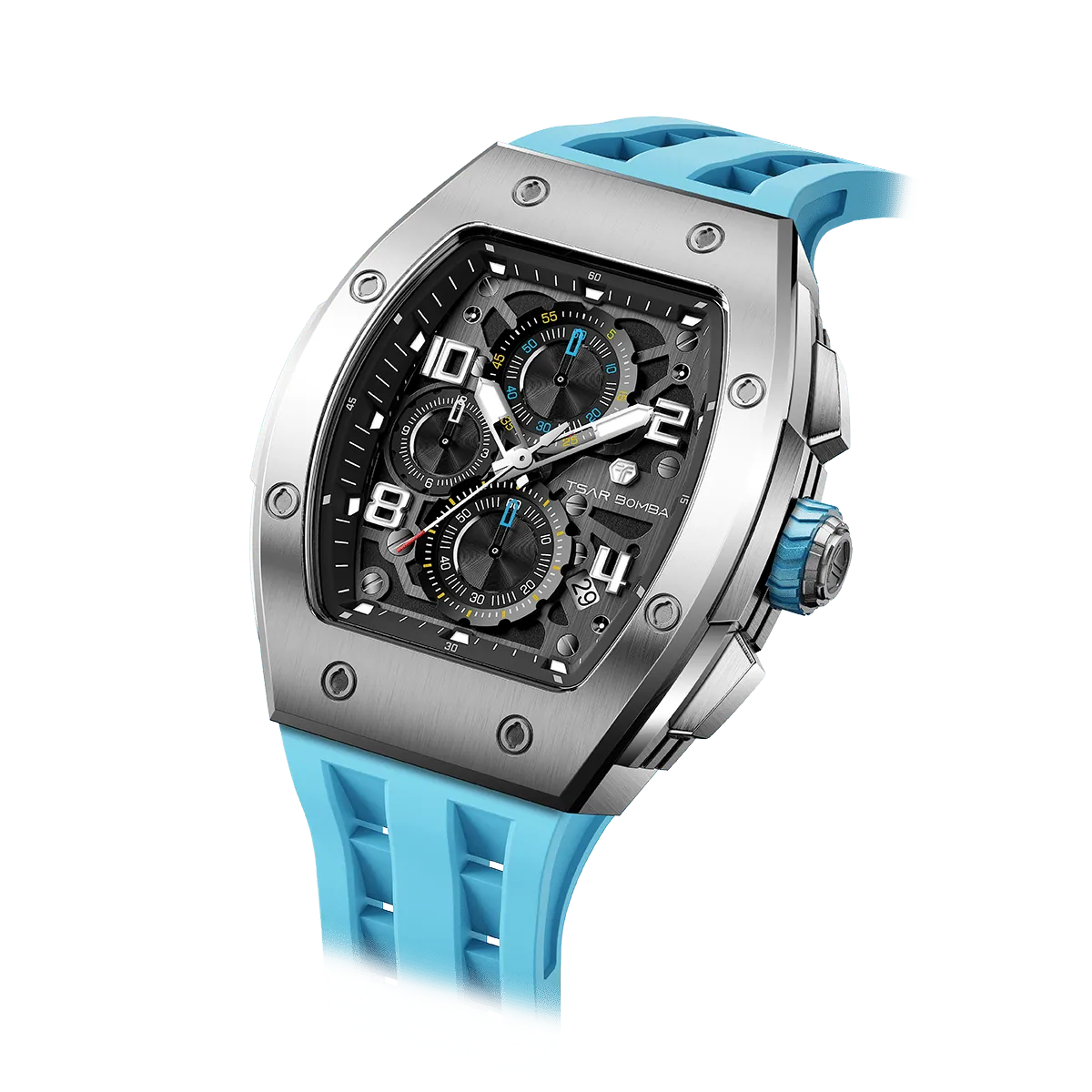 The TSAR BOMBA Elemental TB8224Q stainless steel tonneau quartz watch.silver bezel and sky blue strap. The Multifunction dial design, the multifunction dial features a chronograph minute sub-dial at the 12 o'clock position, a date display between the 4 and 5 o'clock positions, a seconds sub-dial at the 6 o'clock position, and an hour chronograph sub-dial at the 9 o'clock position. --Left three-quarter-angled-view