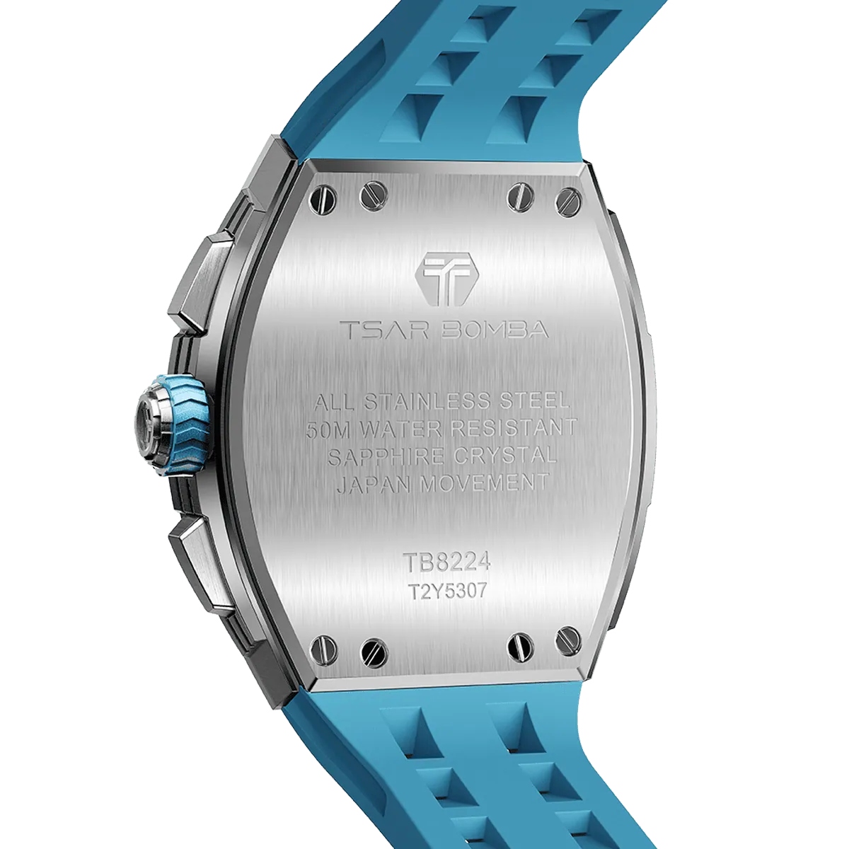 The TSAR BOMBA Elemental TB8224Q stainless steel tonneau quartz watch.silver bezel and sky blue strap. The Multifunction dial design, the multifunction dial features a chronograph minute sub-dial at the 12 o'clock position, a date display between the 4 and 5 o'clock positions, a seconds sub-dial at the 6 o'clock position, and an hour chronograph sub-dial at the 9 o'clock position. --Rear-view