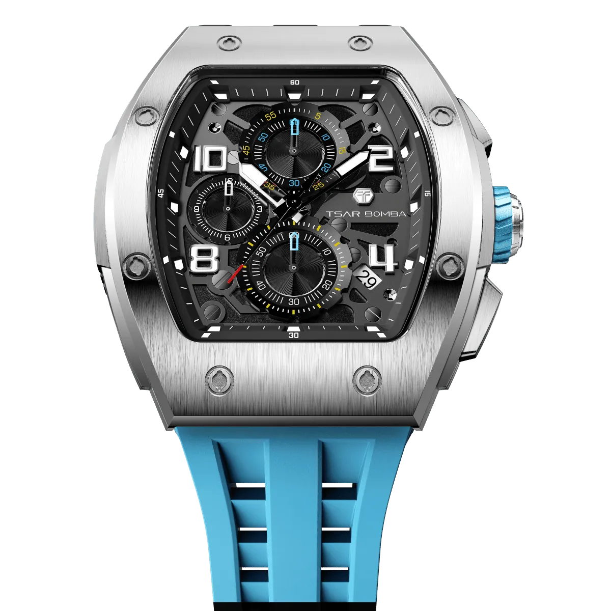 The TSAR BOMBA Elemental TB8224Q stainless steel tonneau quartz watch.silver bezel and sky blue strap. The Multifunction dial design, the multifunction dial features a chronograph minute sub-dial at the 12 o'clock position, a date display between the 4 and 5 o'clock positions, a seconds sub-dial at the 6 o'clock position, and an hour chronograph sub-dial at the 9 o'clock position. --Top-down-view