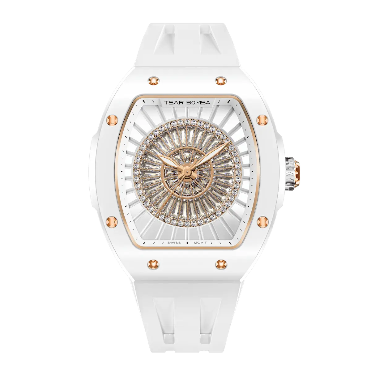 TSAR BOMBA Nucleus femme 03 Ceramic Ladies' Watch. Features a ceramic case and a ceramic dial set with a zirconia diamond. Powered by a Swiss Ronda quartz movement. Extremely lightweight (approximately 60 grams). Equipped with Grade A luminous coating, scratch-resistant sapphire crystal, and a replaceable fluoroelastomer strap. Water resistant to 50 meters (5 ATM). White theme.-Front-view