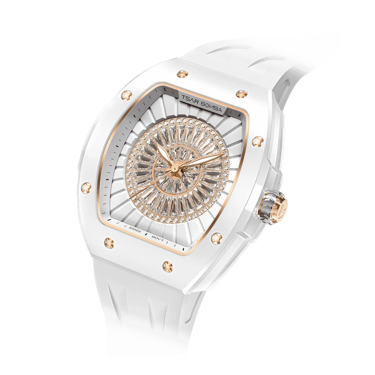 TSAR BOMBA Nucleus femme 03 Ceramic Ladies' Watch. Features a ceramic case and a ceramic dial set with a zirconia diamond. Powered by a Swiss Ronda quartz movement. Extremely lightweight (approximately 60 grams). Equipped with Grade A luminous coating, scratch-resistant sapphire crystal, and a replaceable fluoroelastomer strap. Water resistant to 50 meters (5 ATM). White theme.-Left three-quarter-angled-view