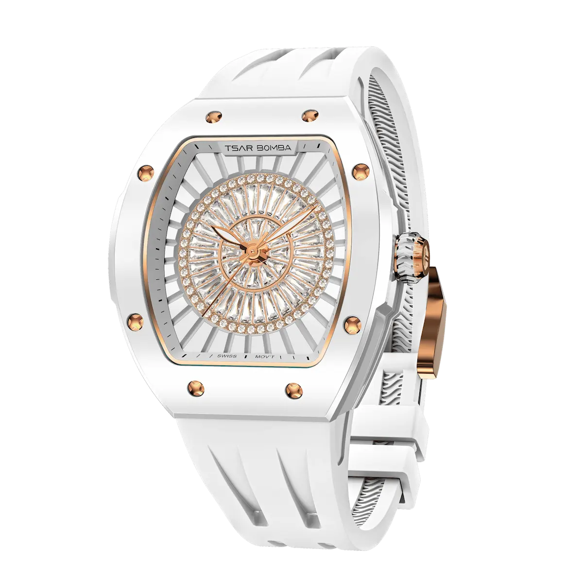 TSAR BOMBA Nucleus femme 03 Ceramic Ladies' Watch. Features a ceramic case and a ceramic dial set with a zirconia diamond. Powered by a Swiss Ronda quartz movement. Extremely lightweight (approximately 60 grams). Equipped with Grade A luminous coating, scratch-resistant sapphire crystal, and a replaceable fluoroelastomer strap. Water resistant to 50 meters (5 ATM). White theme.-Left three-quarter-view
