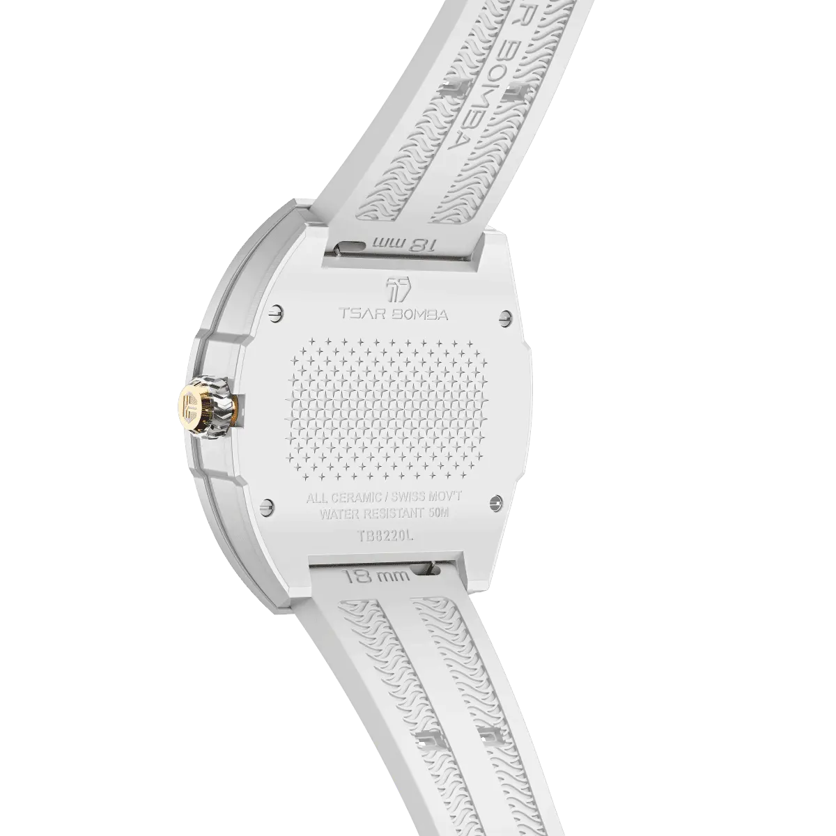 TSAR BOMBA Nucleus femme 03 Ceramic Ladies' Watch. Features a ceramic case and a ceramic dial set with a zirconia diamond. Powered by a Swiss Ronda quartz movement. Extremely lightweight (approximately 60 grams). Equipped with Grade A luminous coating, scratch-resistant sapphire crystal, and a replaceable fluoroelastomer strap. Water resistant to 50 meters (5 ATM). White theme.-Rear-view