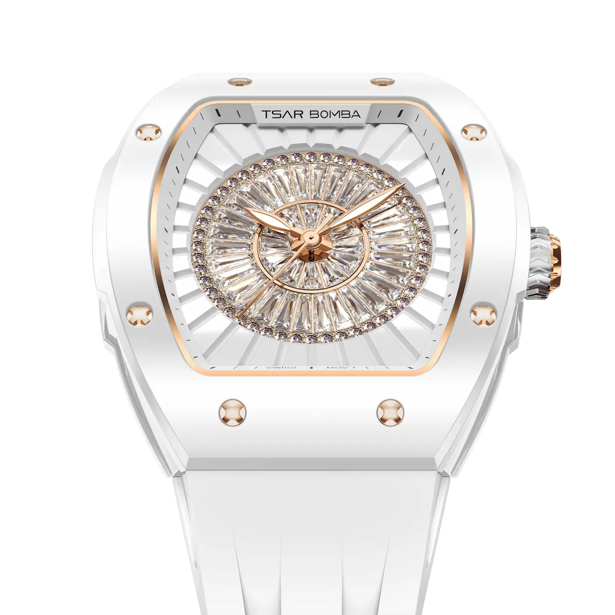 TSAR BOMBA Nucleus femme 03 Ceramic Ladies' Watch. Features a ceramic case and a ceramic dial set with a zirconia diamond. Powered by a Swiss Ronda quartz movement. Extremely lightweight (approximately 60 grams). Equipped with Grade A luminous coating, scratch-resistant sapphire crystal, and a replaceable fluoroelastomer strap. Water resistant to 50 meters (5 ATM). White theme.-Top-down-view