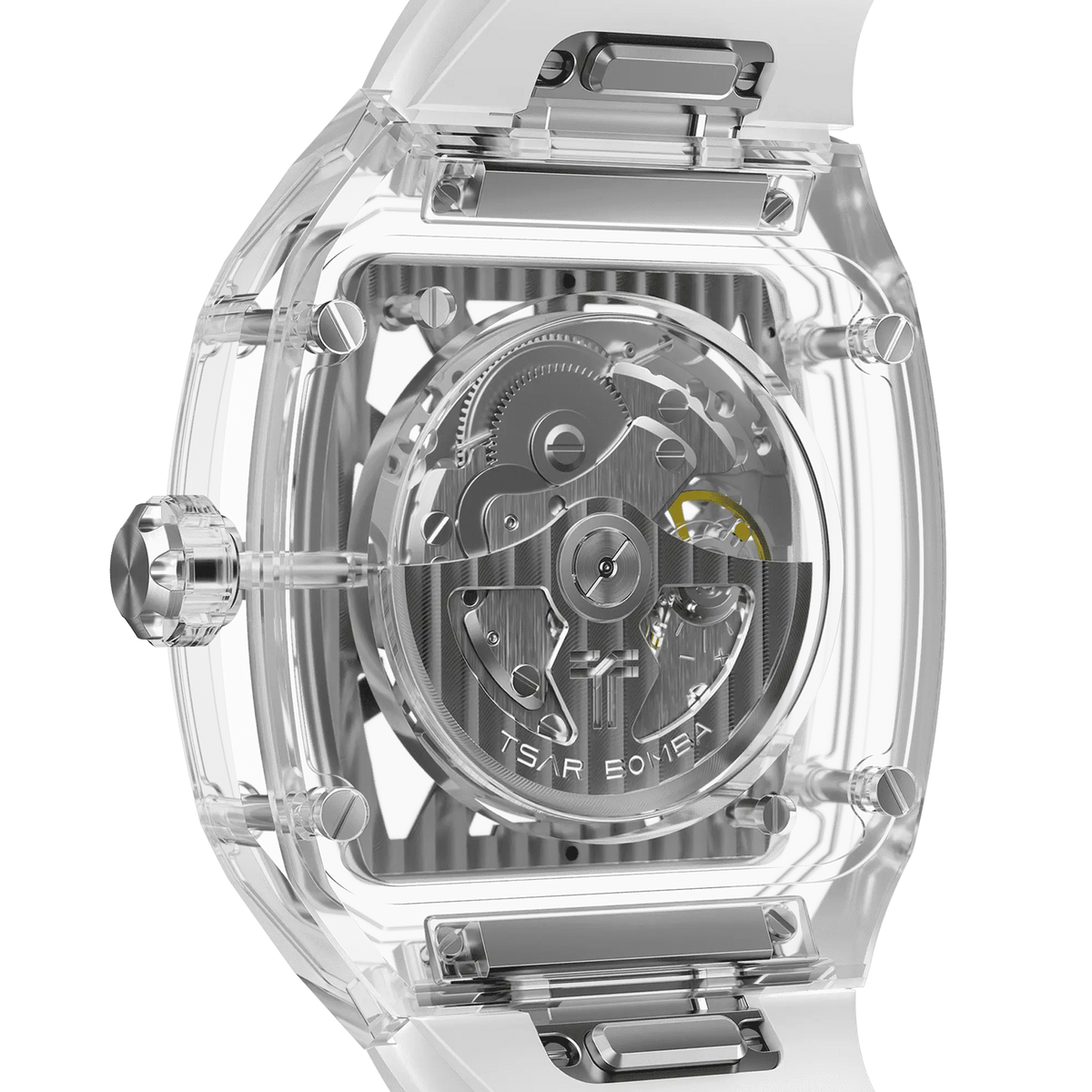 TSAR BOMBA Light Matter TB8223 Transparent Men's Watch. This watch features a TSAR BOMBA Chronite® case, allowing for quick and easy strap changes without tools. It is powered by a Japanese automatic movement with a flying tourbillon at 9 o'clock. The TB8223 includes a Grade A luminous coating, a scratch-resistant sapphire crystal, and a replaceable fluoroelastomer strap. It is water-resistant to 30 meters (3 ATM).-white strap-rear view