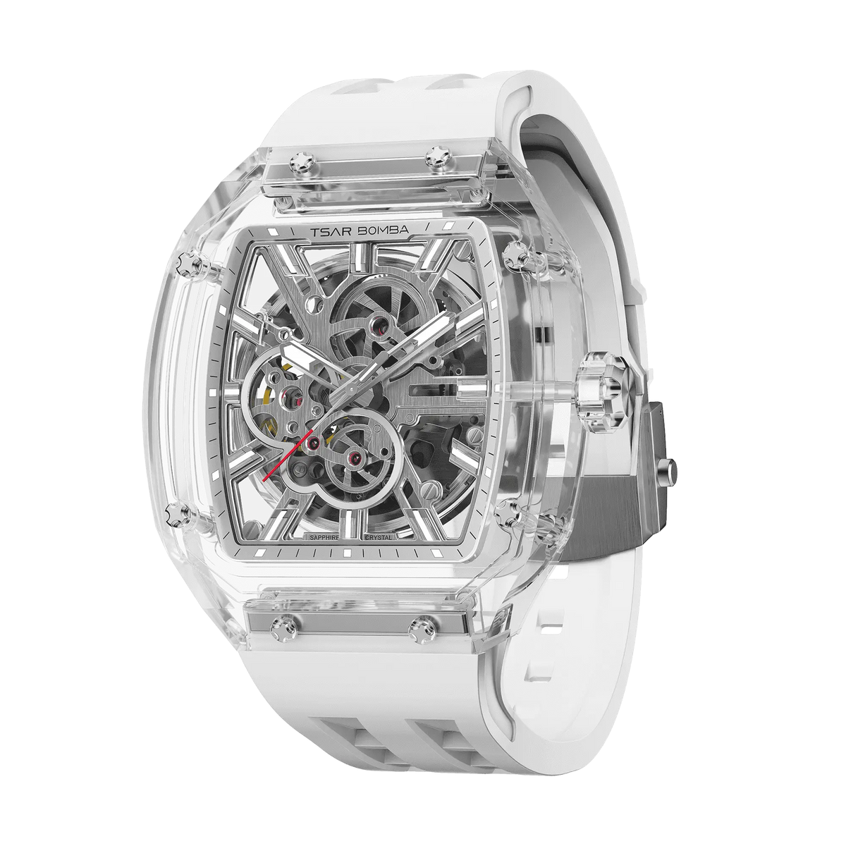 TSAR BOMBA Light Matter TB8223 Transparent Men's Watch. This watch features a TSAR BOMBA Chronite® case, allowing for quick and easy strap changes without tools. It is powered by a Japanese automatic movement with a flying tourbillon at 9 o'clock. The TB8223 includes a Grade A luminous coating, a scratch-resistant sapphire crystal, and a replaceable fluoroelastomer strap. It is water-resistant to 30 meters (3 ATM).-white strap-Left three-quarter view