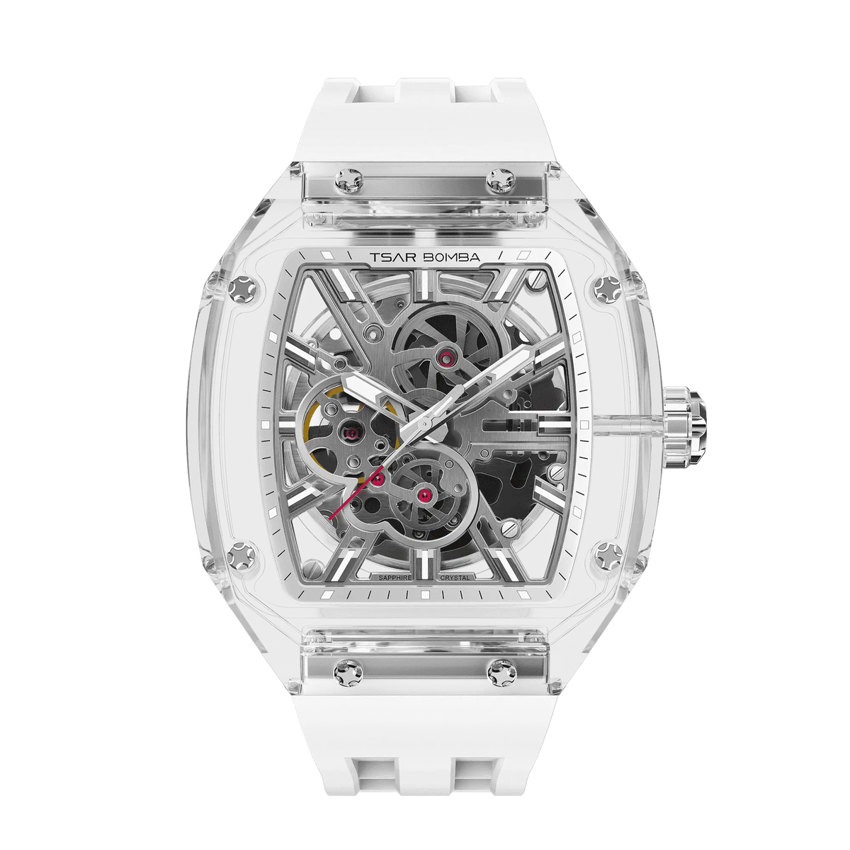 TSAR BOMBA Light Matter TB8223 Transparent Men's Watch. This watch features a TSAR BOMBA Chronite® case, allowing for quick and easy strap changes without tools. It is powered by a Japanese automatic movement with a flying tourbillon at 9 o'clock. The TB8223 includes a Grade A luminous coating, a scratch-resistant sapphire crystal, and a replaceable fluoroelastomer strap. It is water-resistant to 30 meters (3 ATM).-white strap-front view