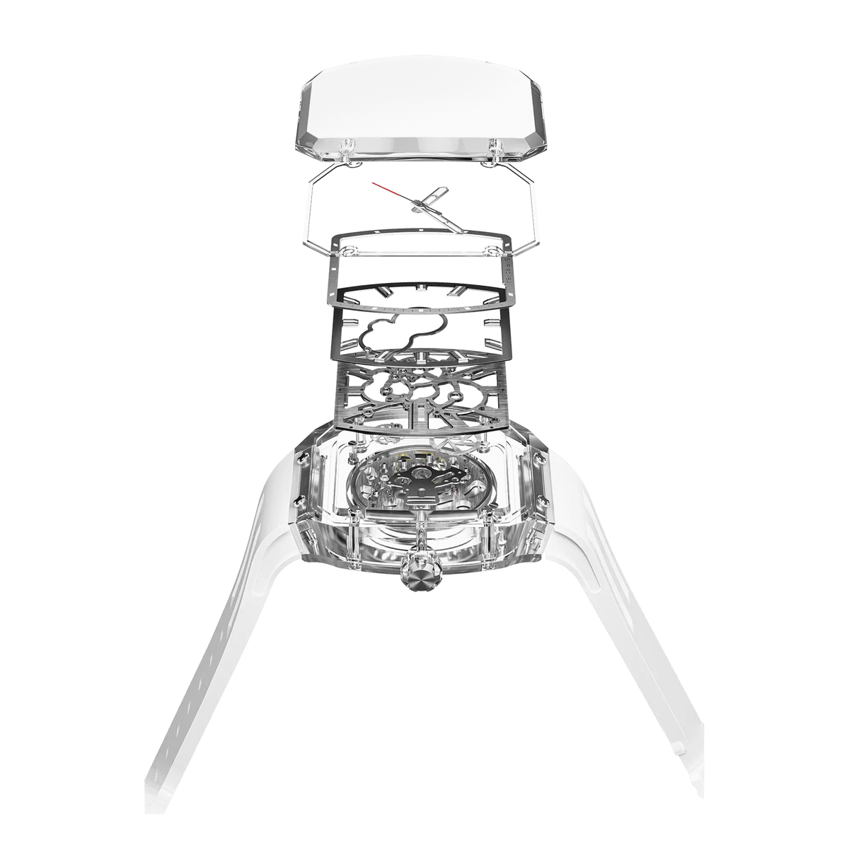 TSAR BOMBA Light Matter TB8223 Transparent Men's Watch. This watch features a TSAR BOMBA Chronite® case, allowing for quick and easy strap changes without tools. It is powered by a Japanese automatic movement with a flying tourbillon at 9 o'clock. The TB8223 includes a Grade A luminous coating, a scratch-resistant sapphire crystal, and a replaceable fluoroelastomer strap. It is water-resistant to 30 meters (3 ATM). --Accessories Display