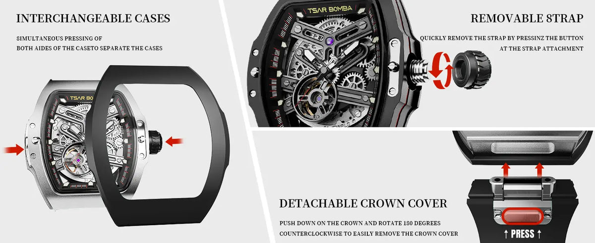 The TB8218 is part of the Tsarbomba interchangeable watch collection, featuring a strap, bezel, and crown that can be swapped out without tools. One watch, endless styles.