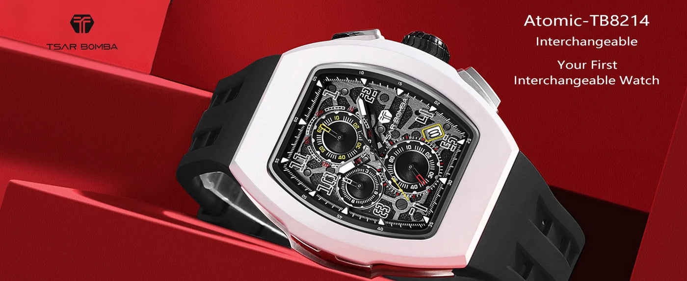 tsarbomba atomic collection wathces-TB8214,The TB8214 watch Features a chronograph and calendar; the front view shows the watch face and hands,The Tsarbomba watch features interchangeable components—including the strap, bezel, and crown—allowing you to create multiple styles with a single watch.