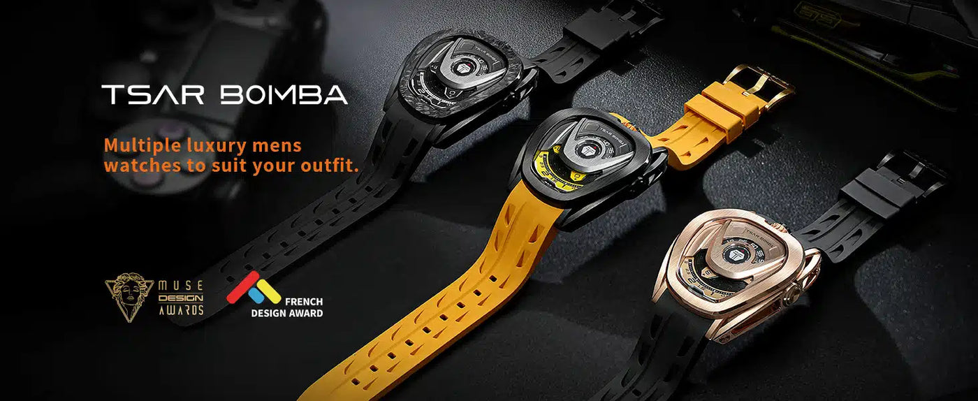 tsarbomba reactor collection TB8213-interchangeable set watches,TB8213 won the GOLD AWARD at THE 9TH MUSE DESIGN AWARDS in France in 2023,Front view of the product, interchangeable strap, interchangeable bezel, interchangeable crown,
