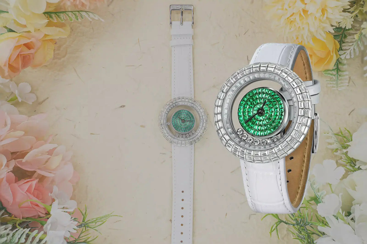 TSAR BOMBA women watches nucleus femme 01,Cubic zirconia bezel and A green cubic zirconia is set in the center of the watch face.White leather watch strap