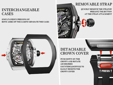 The TB8218 is part of the Tsarbomba interchangeable watch collection, featuring a strap, bezel, and crown that can be swapped out without tools. One watch, endless styles.