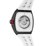 The TSAR BOMBA elemental TB8210CF automatic tourbillon tonneau-shaped watch features a carbon fiber bezel and a stainless steel case, powered by a Seiko Epson automatic movement. The tonneau-shaped case is paired with a skeletonized dial and a power reserve indicator.--Rear view