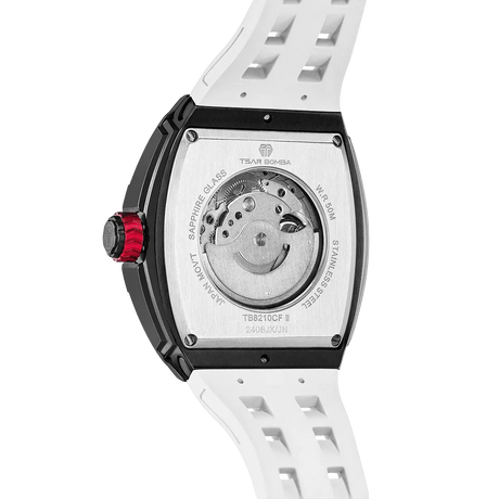 The TSAR BOMBA elemental TB8210CF automatic tourbillon tonneau-shaped watch features a carbon fiber bezel and a stainless steel case, powered by a Seiko Epson automatic movement. The tonneau-shaped case is paired with a skeletonized dial and a power reserve indicator.--Rear view