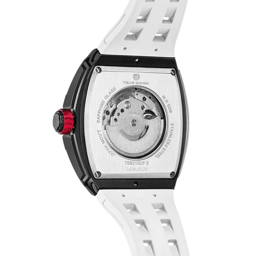 The TSAR BOMBA elemental TB8210CF automatic tourbillon tonneau-shaped watch features a carbon fiber bezel and a stainless steel case, powered by a Seiko Epson automatic movement. The tonneau-shaped case is paired with a skeletonized dial and a power reserve indicator.--Rear view