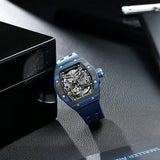 TSAR BOMBA Atomic TB8218CF; automatic skeleton carbon fiber men interchangeable watch carbon fiber set. Set inclues 1 automatic core and 2 fluororubber and 3 carbon fiber bezel an d 5 strap and 5crown. The TB8218CF(5-IN-1) Fractures carbon fiber bezel and case.Blue carbon fiber bezel and fluororubber strap
