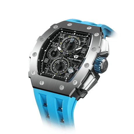 The TSAR BOMBA Elemental TB8204Q stainless steel tonneau quartz watch, Combines stainless steel case construction. Powered by Seiko quartz movement. The Multifunction dial design, the multifunction dial features a chronograph minute sub-dial at the 12 o'clock position, a date display between the 4 and 5 o'clock positions, a seconds sub-dial at the 6 o'clock position, and an hour chronograph sub-dial at the 9 o'clock position. ---Silver bezel and Elite blue strap