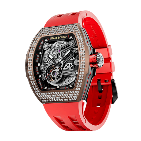 TSAR BOMBA Atomic automatic-skeleton-tonneau-men-watch-TB8218D- zirconia diamond bezel and red
 strap, Left three-quarter-view; Features a zirconia diamon bezel and an interchangeable fluoro-rubber strap. It utilizes TSAR BOMBA’s patented technology, allowing for the tool-free, rapid swapping of the strap, bezel, and crown. Since your watch can change its style, why buy another one?