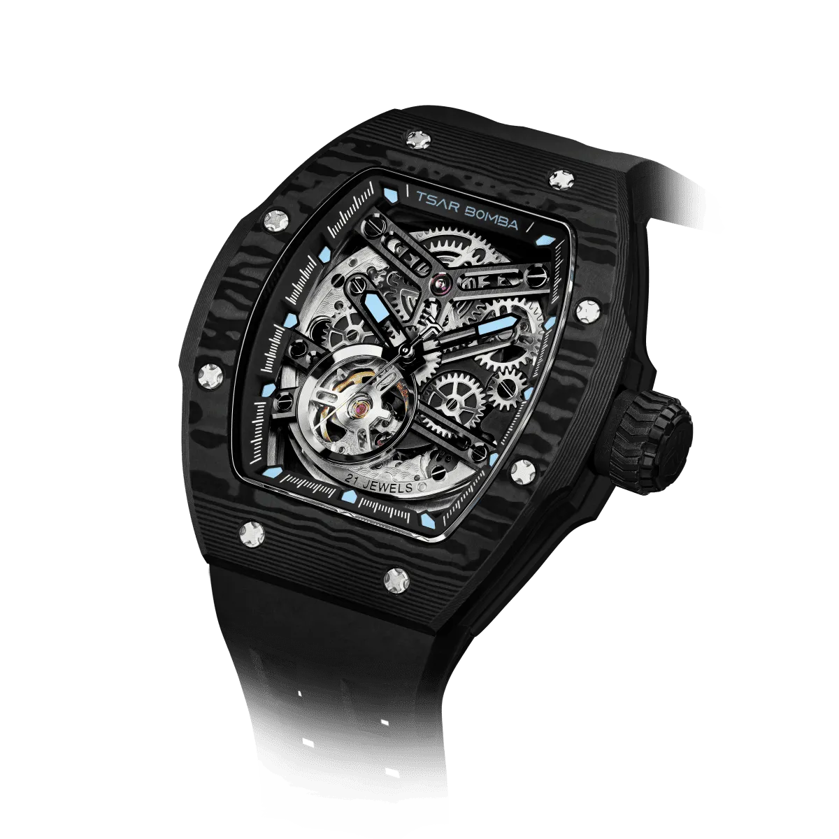 TSAR BOMBA Atomic TB8218CF; automatic skeleton carbon fiber men interchangeable watch carbon fiber set. Set inclues 1 automatic core and 2 fluororubber and 3 carbon fiber bezel an d 5 strap and 5crown. The TB8218CF(5-IN-1) Fractures carbon fiber bezel and case.TSAR BOMBA’s patented technology for interchangeable straps, bezels, and crowns. Quickly swap modules without tools—since your watch can change its style, why buy another one?