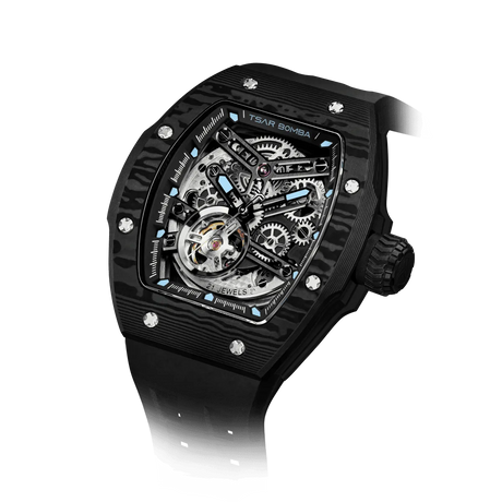 TSAR BOMBA Atomic TB8218CF; automatic skeleton carbon fiber men interchangeable watch carbon fiber set. Set inclues 1 automatic core and 2 fluororubber and 3 carbon fiber bezel an d 5 strap and 5crown. The TB8218CF(5-IN-1) Fractures carbon fiber bezel and case.TSAR BOMBA’s patented technology for interchangeable straps, bezels, and crowns. Quickly swap modules without tools—since your watch can change its style, why buy another one?