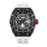 The TSAR BOMBA elemental TB8210CF automatic tourbillon tonneau-shaped watch features a carbon fiber bezel and a stainless steel case, powered by a Seiko Epson automatic movement. The tonneau-shaped case is paired with a skeletonized dial and a power reserve indicator.-front view
