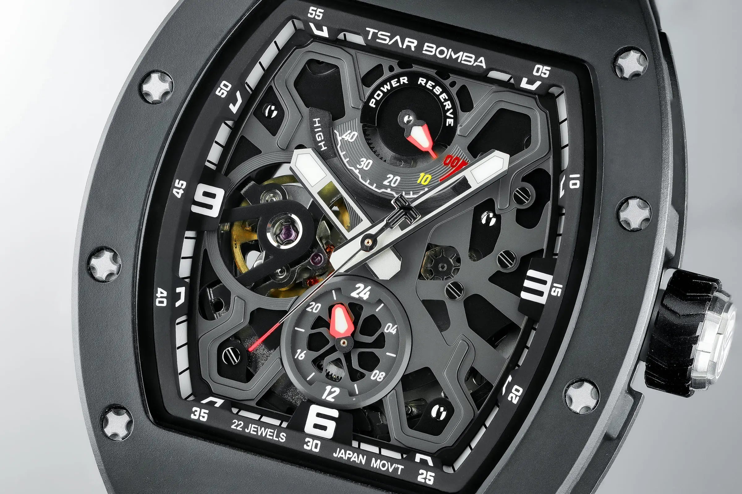 TSAR BOMBA Elemental TB8212 Skeletonized Automatic Mechanical Watch. Powered by a Seiko Epson automatic movement, featuring a lightweight and skin-friendly all-ceramic case. Equipped with Grade A luminous coating, scratch-resistant sapphire crystal, and a fluoroelastomer strap. Water resistant to 50 meters (5 ATM).---dial-display