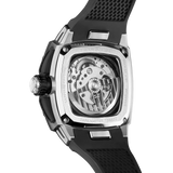 Powered by a Seiko Epson movement, A power reserve indicator is positioned at 12 o'clock; the stable movement delivers a power reserve of 50 hours (±10%). A 24-hour display dial is located at 6 o'clock, while a visible tourbillon is featured at 9 o'clock. The Dark Matter 2 features Grade A luminescent coating, scratch-resistant sapphire crystal, and a interchangeable fluororubber strap. Water-resistant to 100 meters (10 ATM).-carbon fiber bezel and titanium case -black-Rear view