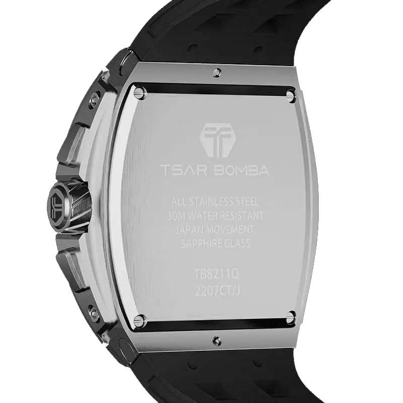 The TSAR BOMBA Elemental TB8211Q Stainless Steel Tonneau Chronograph Watch. Features a stainless steel case and a Seiko quartz movement. The multi-layered skeleton dial combines date display and chronograph functions. A 1/20th-second chronograph subdial is located at 12 o'clock, the date display at 3 o'clock, the hour/minute chronograph subdial at 6 o'clock, and the chronograph seconds subdial at 9 o'clock.-- rear-view