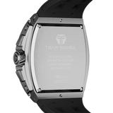 The TSAR BOMBA Elemental TB8211Q Stainless Steel Tonneau Chronograph Watch. Features a stainless steel case and a Seiko quartz movement. The multi-layered skeleton dial combines date display and chronograph functions. A 1/20th-second chronograph subdial is located at 12 o'clock, the date display at 3 o'clock, the hour/minute chronograph subdial at 6 o'clock, and the chronograph seconds subdial at 9 o'clock.-- rear-view
