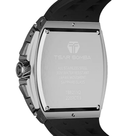The TSAR BOMBA Elemental TB8211Q Stainless Steel Tonneau Chronograph Watch. Features a stainless steel case and a Seiko quartz movement. The multi-layered skeleton dial combines date display and chronograph functions. A 1/20th-second chronograph subdial is located at 12 o'clock, the date display at 3 o'clock, the hour/minute chronograph subdial at 6 o'clock, and the chronograph seconds subdial at 9 o'clock.-- rear-view